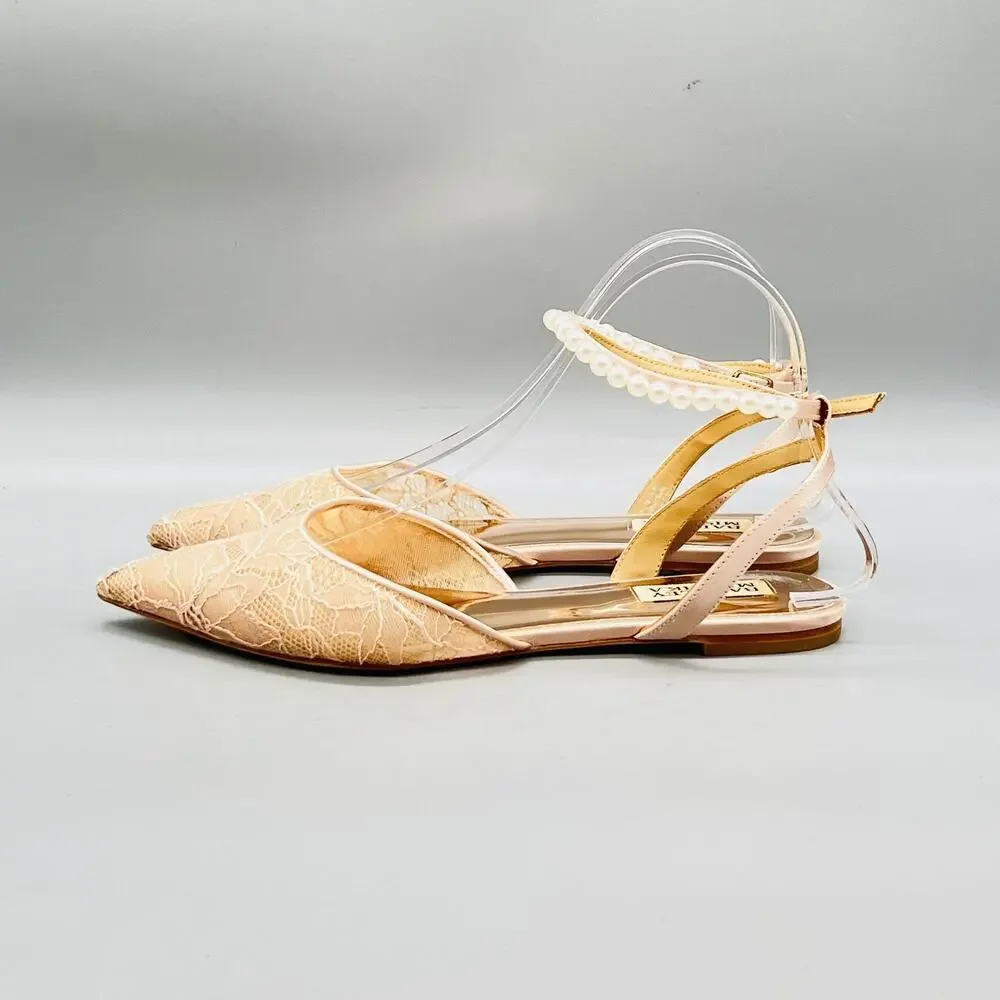 Badgley Mischka Shoes Womens 8 Pink Lace Slingback Flats Bridal Pearl Strap